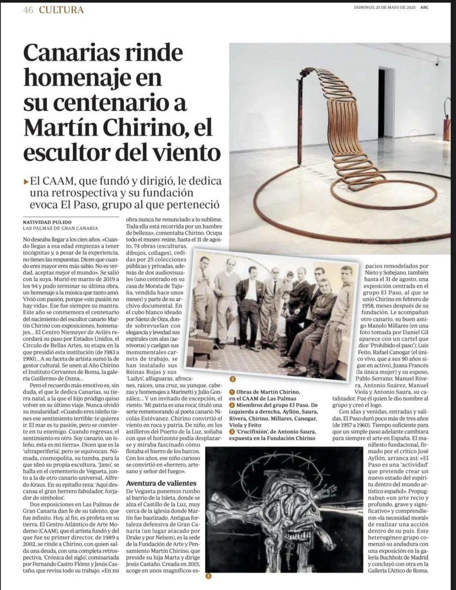 La edición de hoy del periódico ‘ABC’ dedica en su sección de Cultura un amplio reportaje al centenario de Martín Chirino, al #CAAM y la @fundacionchirino 🙌🏽💫 Muchas gracias 👏🏽