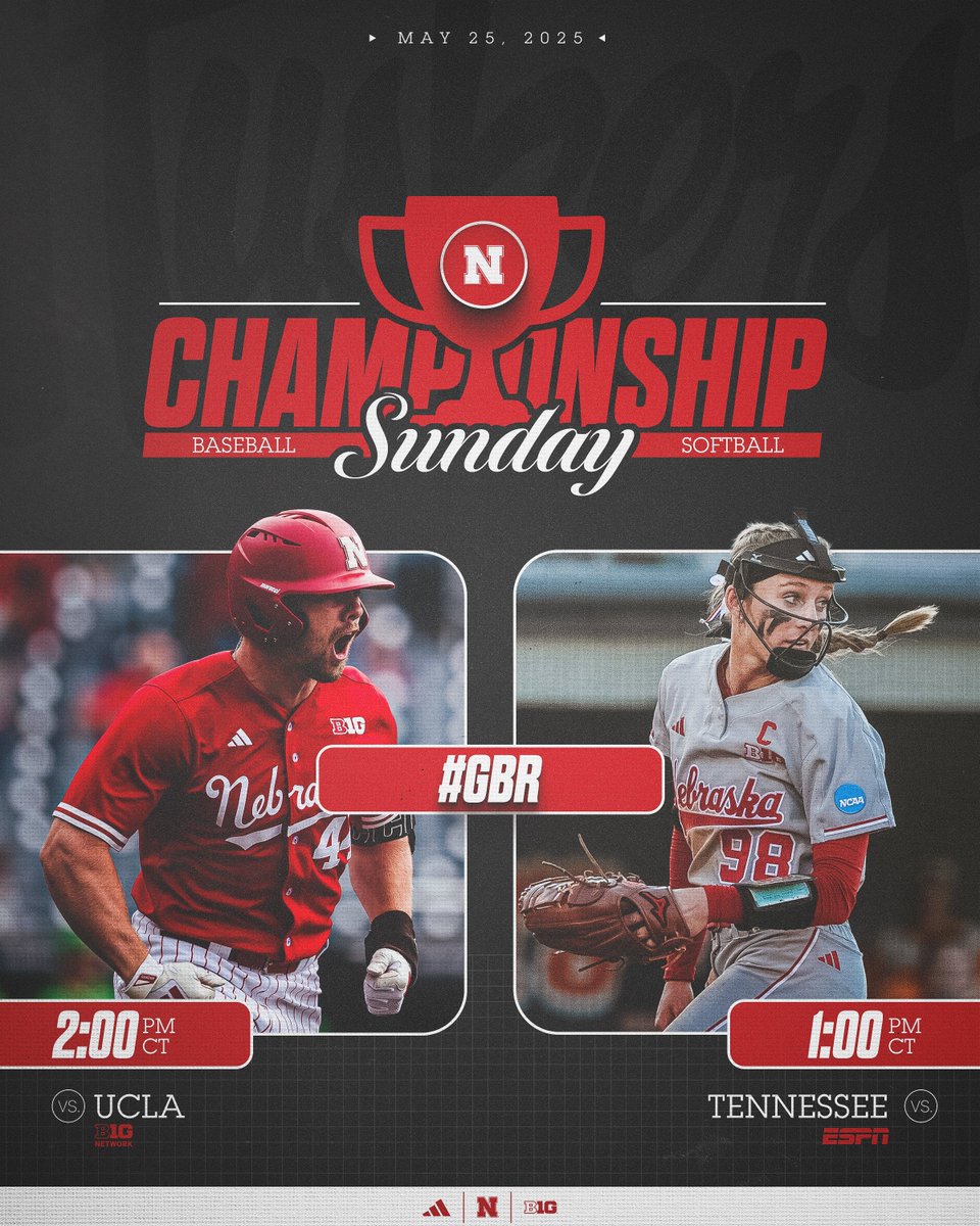 Huskers's tweet image. Let's have a day Husker Nation. 🏆

⚾️ @HuskerBaseball
🆚 UCLA » 2:00pm CT
📺 @BigTenNetwork 
🎟️ go.unl.edu/q5yk

🥎 @HuskerSoftball 
🆚 Tennessee » 1:00pm CT
📺 @espn