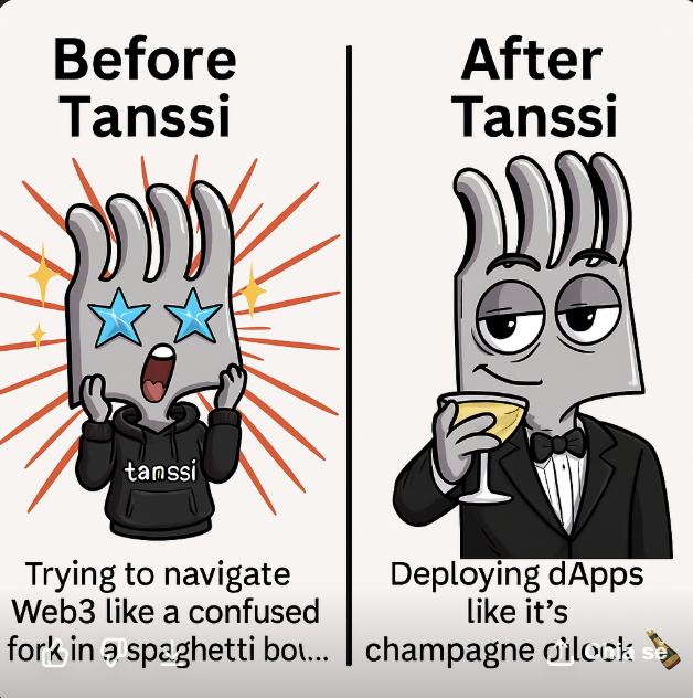 mylive49052116's tweet photo. Before Tanssi:
🌀 Lost in Web3 like a fork in a spaghetti bowl...
After Tanssi:
🍾 Deploying dApps like it’s champagne o’clock.
#Tanssi #Web3 #BeforeAndAfter #dAppLife #CryptoMeme #BlockchainHumor https://t.co/JeV1ftPyRr