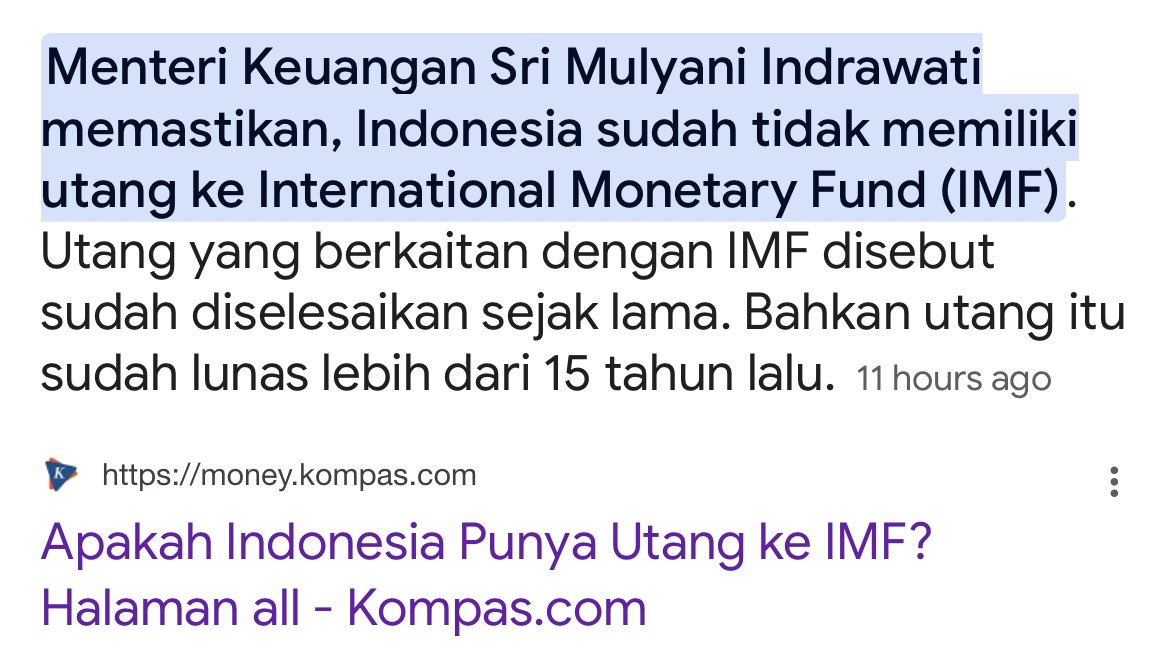 Ada 400 retweet dan 2.9K likes yg ketahuan tidak tahu kondisi negaranya sendiri/literasinya jelek, atau memang semuanya adalah akun buzzer+ bot. 

Faktanya : Hutang indonesia ke imf sudah lunas 15 tahun lalu. Jadi saat ini indonesia sudah tdk punya hutang apapun ke imf.