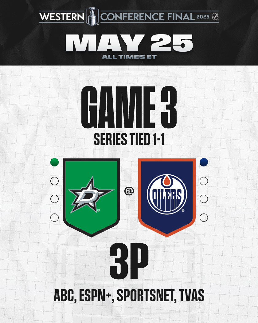 NHL (@nhl) on Twitter photo Who's skating away with a 2-1 series lead today?! 🤔 #StanleyCup
Don't miss Game 3 between the <a href="/DallasStars/">X - Dallas Stars</a> and <a href="/EdmontonOilers/">Edmonton Oilers</a> TODAY at 3p ET on ABC, <a href="/ESPNPlus/">ESPN+</a>, <a href="/Sportsnet/">Sportsnet</a> and <a href="/TVASports/">TVA Sports</a>! Who's skating away with a 2-1 series lead today?! 🤔 #StanleyCup
Don't miss Game 3 between the <a href="/DallasStars/">X - Dallas Stars</a> and <a href="/EdmontonOilers/">Edmonton Oilers</a> TODAY at 3p ET on ABC, <a href="/ESPNPlus/">ESPN+</a>, <a href="/Sportsnet/">Sportsnet</a> and <a href="/TVASports/">TVA Sports</a>!