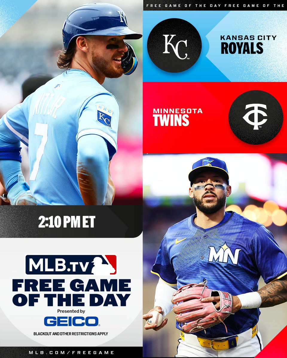MLB.TV (@mlbtv) on Twitter photo Bobby Witt Jr. and the <a href="/Royals/">Kansas City Royals</a> wrap up their series in Minnesota against Carlos Correa and the <a href="/Twins/">Minnesota Twins</a>.
Watch for FREE at 2:10 PM ET on #MLBTV
(MLB x GEICO) Bobby Witt Jr. and the <a href="/Royals/">Kansas City Royals</a> wrap up their series in Minnesota against Carlos Correa and the <a href="/Twins/">Minnesota Twins</a>.
Watch for FREE at 2:10 PM ET on #MLBTV
(MLB x GEICO)