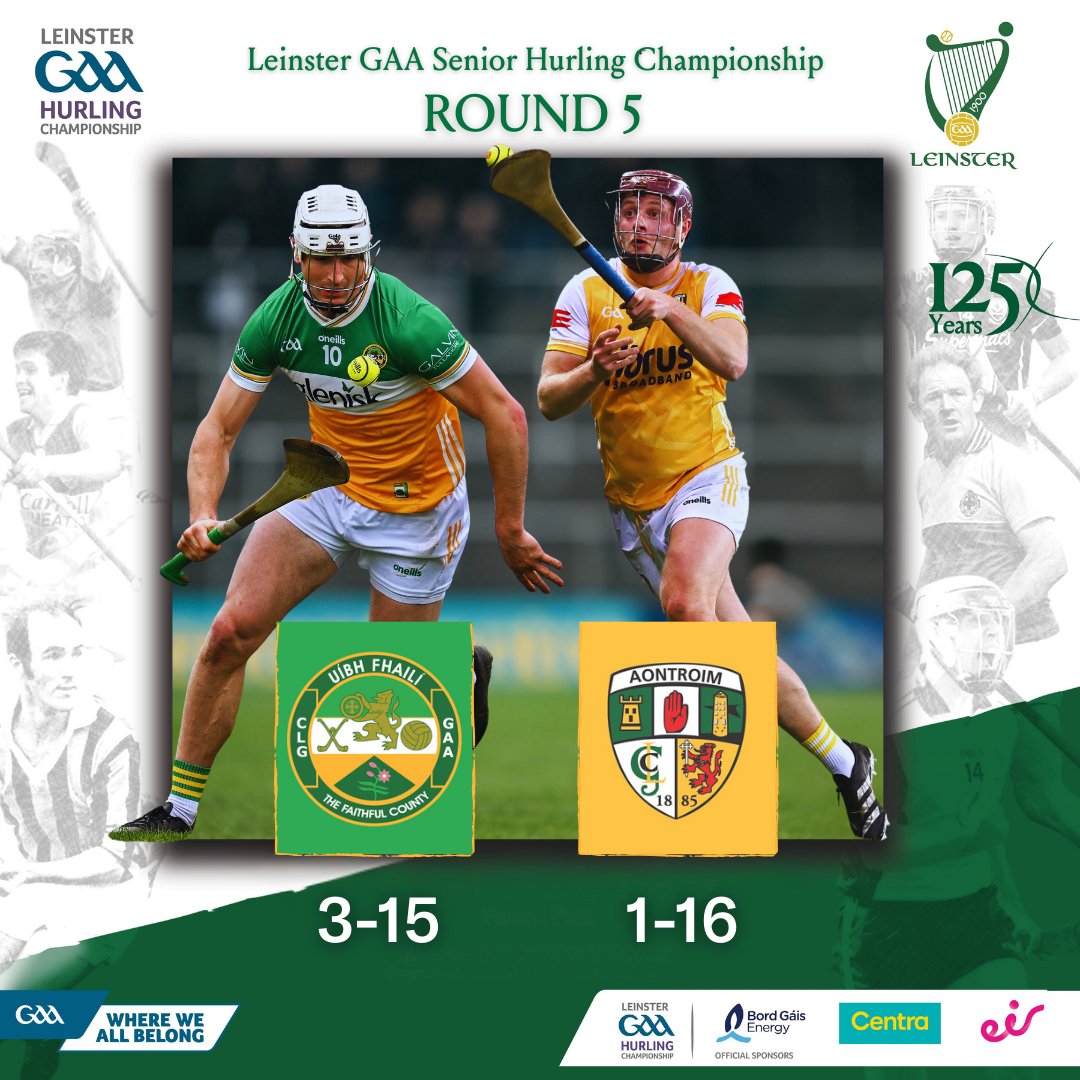 RESULT

From the 2025 Leinster GAA Senior Hurling Championship Round 5

After all is said and done Offaly retain their Bob O'Keeffe status for 2026, as they see off Antrim in Tullamore

Offaly           3-15
Antrim          1-16

#LeinsterGAA #Leinster125 #Championship