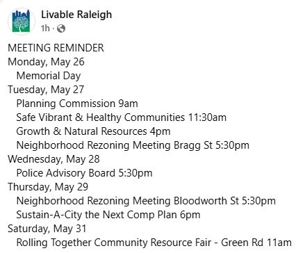 Meeting Reminder
#RalPol <a href="/wakedems/">Wake County Democratic Party</a> <a href="/WakeDemWomen/">Dem. Women of Wake</a> <a href="/Wake_YD/">Wake Young Democrats</a> <a href="/wcbscnc/">Wake County Black Student Coalition</a> <a href="/WRAL/">WRAL NEWS in NC</a> <a href="/WNCN/">CBS 17</a> <a href="/ABC11_WTVD/">ABC11 EyewitnessNews</a> <a href="/SpecNews1RDU/">Spectrum News 1 RDU</a> 
Bluesky:bsky.app/profile/livabl…

Details: livableraleigh.com/calendar-full/