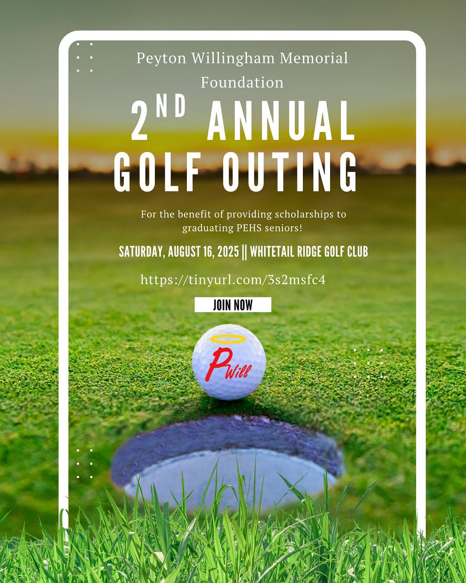 Please join us for the 2nd Annual Peyton Willingham Memorial Foundation Golf Outing!
🗓️ Saturday, August 16th
📍 Whitetail Ridge Golf Course
⏰ Arrive at 12:30pm for registration, lunch &amp; drink tickets, and free range balls. Tee off will be at 1:30.