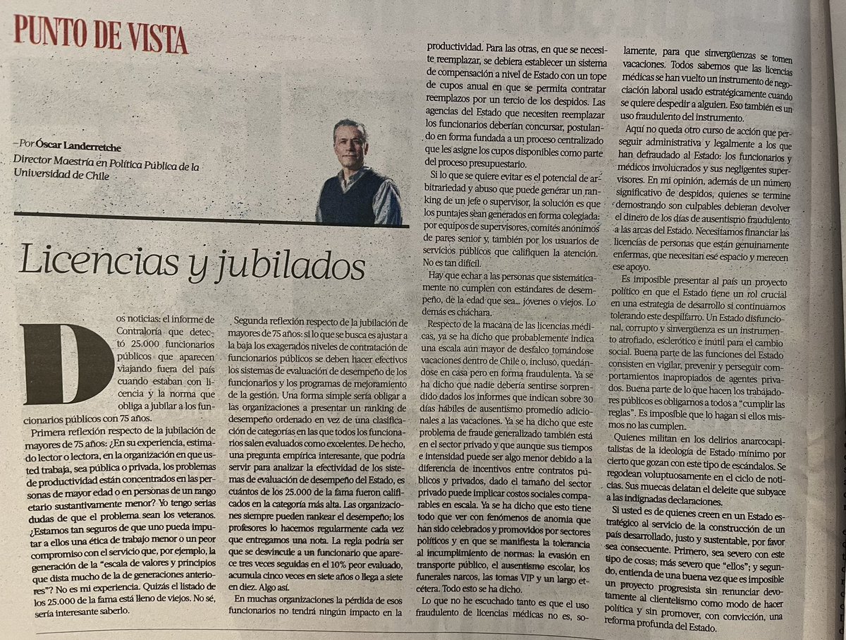 Tomás Sánchez V. (@tomassanchezv) on Twitter photo Muy de acuerdo con <a href="/OLanderretche/">Oscar Landerretche</a>
Para crear un Estado eficiente y meritocrático sería correcto desvincular a los funcionarios que sean evaluados 3 veces dentro del peor 10%
¿Nos queremos tomar en serio construir un Estado moderno o es solo un cuento? Muy de acuerdo con <a href="/OLanderretche/">Oscar Landerretche</a>
Para crear un Estado eficiente y meritocrático sería correcto desvincular a los funcionarios que sean evaluados 3 veces dentro del peor 10%
¿Nos queremos tomar en serio construir un Estado moderno o es solo un cuento?