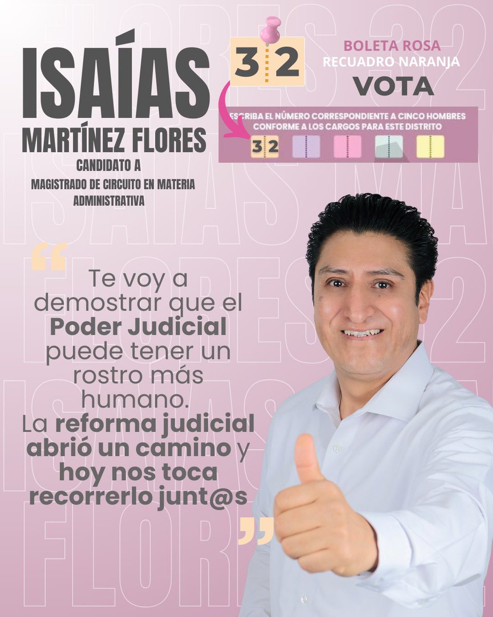 IsaiasMF's tweet photo. Te voy a demostrar que el Poder Judicial puede tener un rostro más humano. La reforma judicial abrió un camino y hoy nos toca recorrerlo juntas y juntos
Este 1 de junio vota #32 Boleta rosa para garantizar una justicia de puertas abiertas a todas las voces.
#elecciónjudicial #VotaPoderJudicial2025mx #poderjudicial #vota32 #boletarosa #campaña #elecciones2025 #TEPJF #PJF #magistrado #INE #miguelhidalgo #cuauhtémoc #sumate #conoceme #1dejunio
