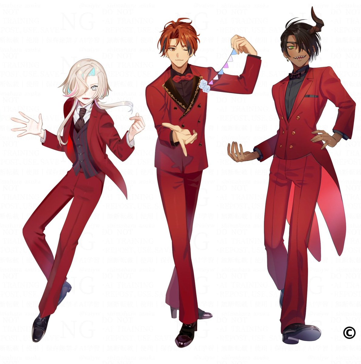 Uyu, Roberu and Oga in red tuxedos.😊🤍🃏🧡🍷💚🐃