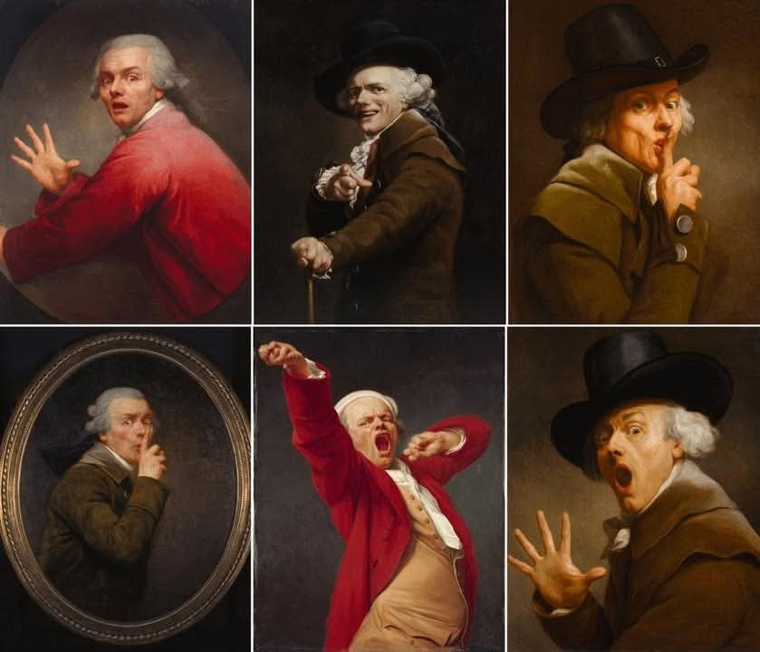 redhistoria's tweet photo. Joseph Ducreux (1735-1802), pintor francés famoso por sus autorretratos poco ortodoxos pero muy expresivos, buscando esa comunicación gesticular con el espectador... https://t.co/1yFRAOd1vz