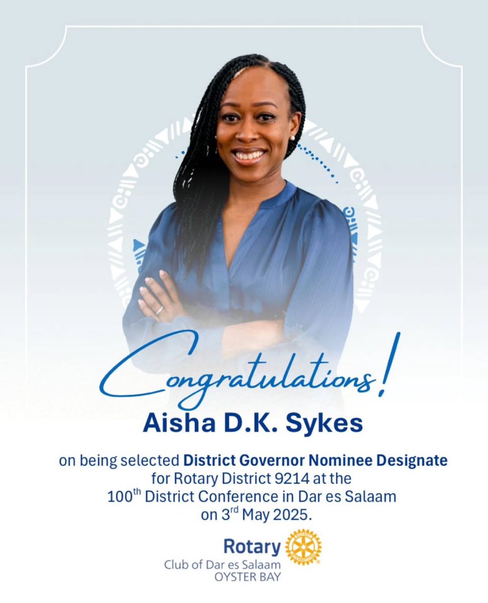 We are thrilled to celebrate the appointment of Aisha Sykes as District Governor Nominee Designate for District 9214!

Your dedication, hard work, and unwavering passion for Rotary continue to inspire us all. This milestone is a true reflection of your commitment to service and