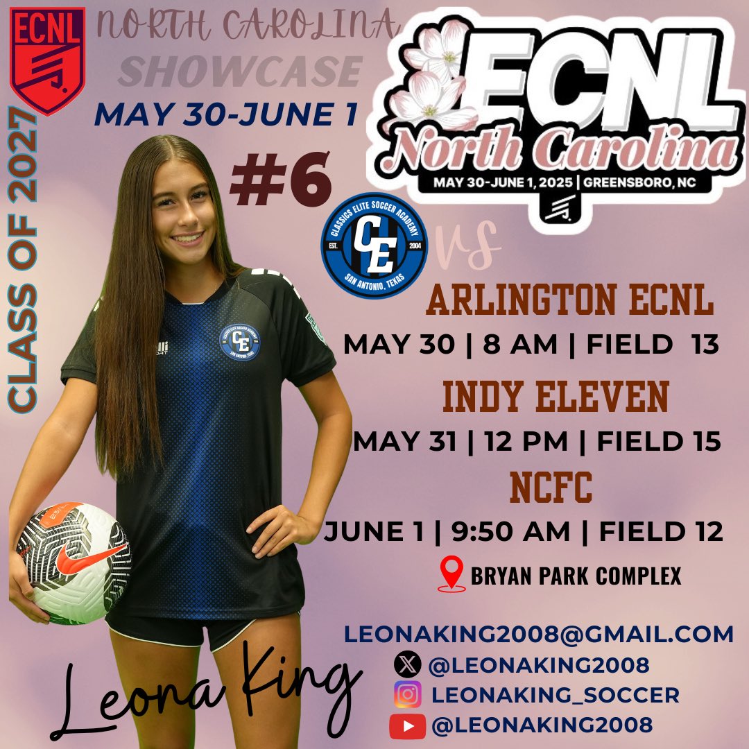 Leona King C/O 2027 (@leonaking2008) on Twitter photo Excited for the last ECNL event of the season in North Carolina! <a href="/CE08gECNL/">Classics Elite 08/07 ECNL</a> <a href="/ECNLgirls/">ECNL Girls</a> <a href="/ImYouthSoccer/">ECNL/GA/Recruiting/College Soccer</a> <a href="/6a_28/">SA High School & Club Soccer</a> Excited for the last ECNL event of the season in North Carolina! <a href="/CE08gECNL/">Classics Elite 08/07 ECNL</a> <a href="/ECNLgirls/">ECNL Girls</a> <a href="/ImYouthSoccer/">ECNL/GA/Recruiting/College Soccer</a> <a href="/6a_28/">SA High School & Club Soccer</a>