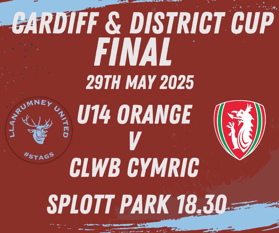 We’re back in action this Thursday for the Cardiff &amp; District U14 Boys Cup Final at Splott Park! The boys have had a fantastic season and are fired up to bring the trophy home. Let’s pack out Splott Park and show our support — make some serious noise for the team! 💪 Let’s go,