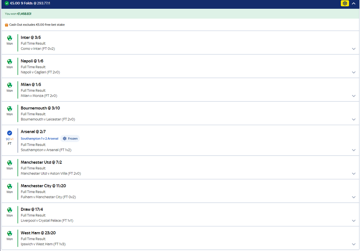 JohnR2137's tweet photo. Not bad off a €5 free bet eh, @SkyBet #ThatsBettingBetter #skybet https://t.co/u0fgISXG8T