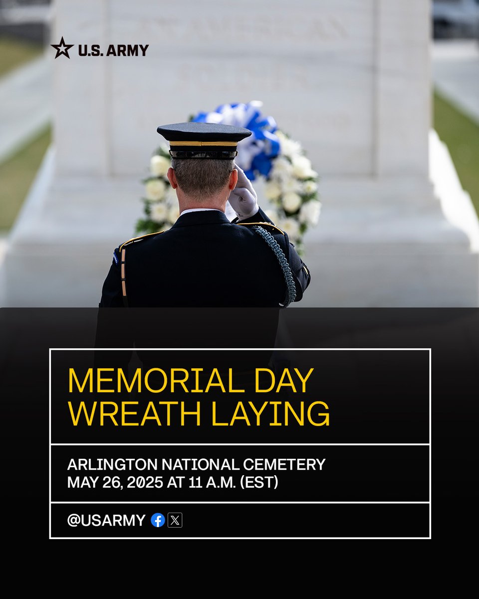 U.S. Army (@usarmy) on Twitter photo Help us honor our fallen. 🇺🇸
Join us for a live stream of the Memorial Day Wreath Laying Ceremony at <a href="/ArlingtonNatl/">Arlington National Cemetery</a> tomorrow at 11 a.m. on our official pages. Help us honor our fallen. 🇺🇸
Join us for a live stream of the Memorial Day Wreath Laying Ceremony at <a href="/ArlingtonNatl/">Arlington National Cemetery</a> tomorrow at 11 a.m. on our official pages.