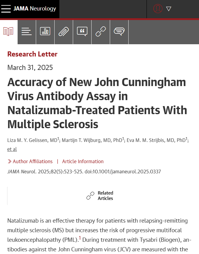 JAMANeuro's tweet photo. The ImmunoWELL JCV IgG test for detecting John Cunningham virus antibodies in natalizumab-treated multiple sclerosis patients yielded more positive results compared to the second-generation STRATIFY JCV DxSelect assay. https://t.co/12C1I8TAZ5 @eefst https://t.co/rGjm75bhak