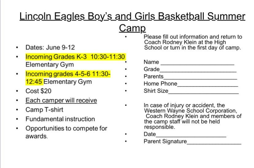 🏀🔥 Lincoln Eagles Basketball Camp is coming this summer! 🔥🏀 Boys &amp; Girls, all skill levels welcome! Improve your game w/ Coach Rodney Klein.

➡️ Print the form. Submit to Coach Klein at the HS or bring it on Day 1.
#LincolnEagles #BasketballCamp #SummerHoops 🦅