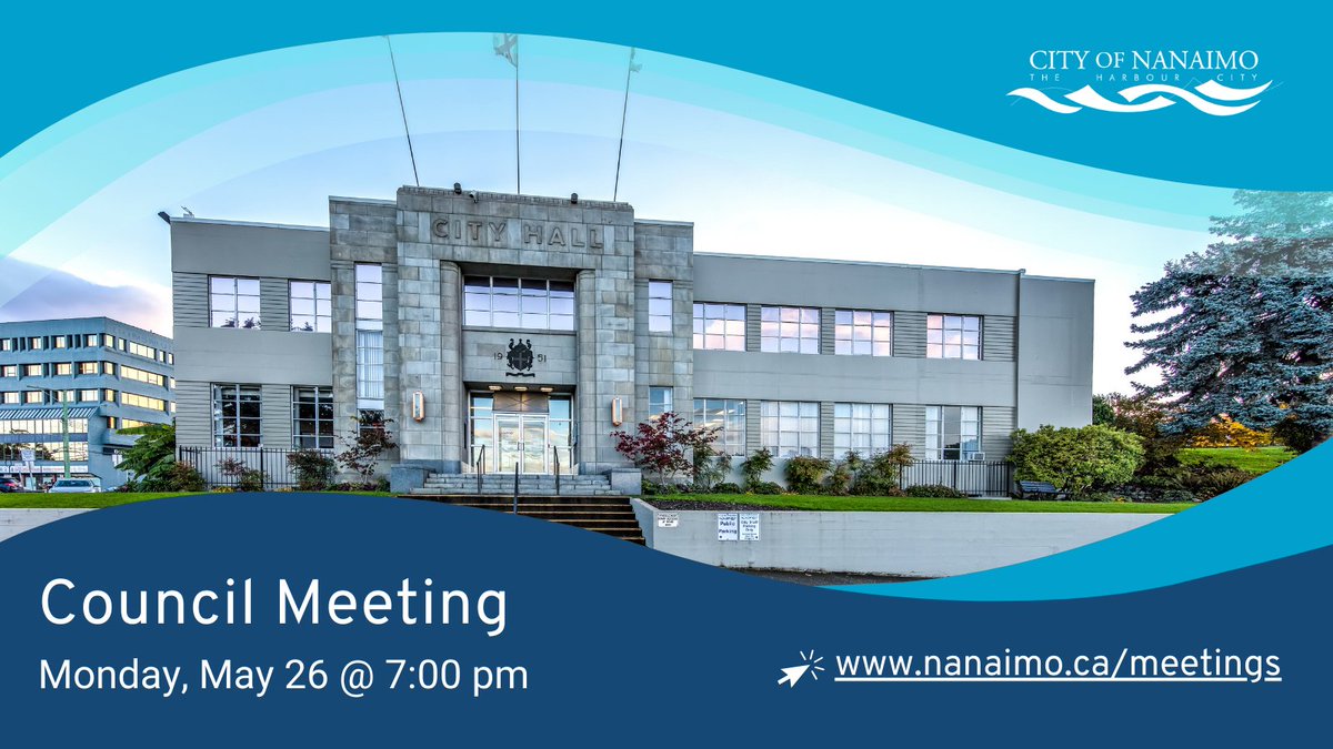 Tomorrow night’s City of #Nanaimo Council meeting begins at 7 pm in Vancouver Island Conference Centre’s Shaw Auditorium. Can’t join us in person? You can watch the meeting online at ow.ly/kO7850VY70n or on Rogers TV Channel 4/Bluesky TV 105 #YCD
