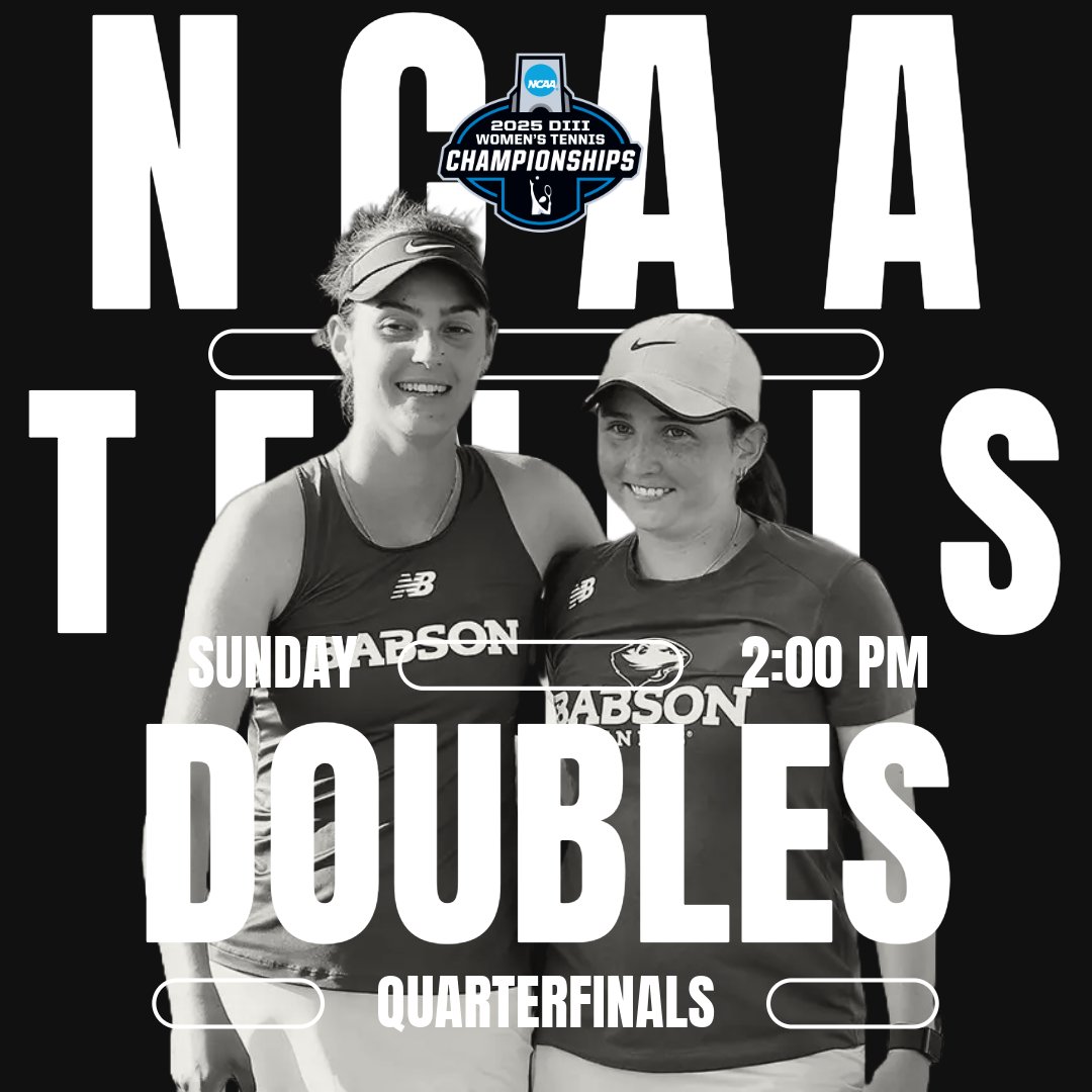 NEWMAC (@newmacsports) on Twitter photo Defending <a href="/NCAADIII/">NCAA Division III</a> Women's Doubles Champions, <a href="/BabsonAthletics/">Babson Athletics</a> Olivia Soffer & Matia Cristiani, will take on Brooke Despriet & Ashley Carpenter of Sewanee today in a quarterfinal of the 2025 NCAA Doubles Championship!
ow.ly/gaZZ50VYq6Q
#GoNEWMAC // #WhyD3 Defending <a href="/NCAADIII/">NCAA Division III</a> Women's Doubles Champions, <a href="/BabsonAthletics/">Babson Athletics</a> Olivia Soffer & Matia Cristiani, will take on Brooke Despriet & Ashley Carpenter of Sewanee today in a quarterfinal of the 2025 NCAA Doubles Championship!
ow.ly/gaZZ50VYq6Q
#GoNEWMAC // #WhyD3