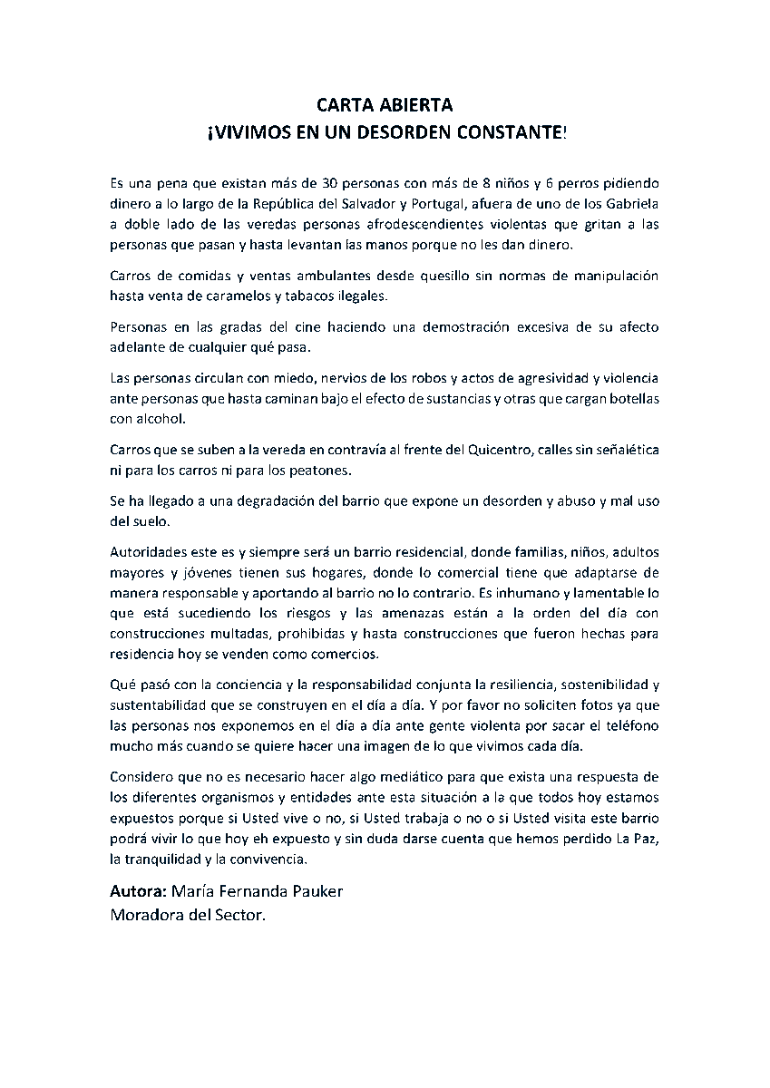 ComiteSalvador's tweet image. Carta abierta  de una moradora #OpiniónCiudadana #desorden #mendicidad #inseguridad #irrespeto #RuidoNo #ventasinformales @pabelml @AMT_Quito @PatronatoSJ @amcquito @Salud_Ec @InclusionEc @PoliciaEcuador @MinInteriorEc @Primicias @EcuavisaInforma @teleamazonasec @visionariasec