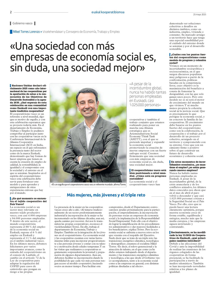 🗣️”Una sociedad con más empresas de economía social es una sociedad mejor”

El cooperativismo en Euskadi es un modelo que es referente mundial y que demuestra que se puede hacer empresa priorizando:

✅ Empleo de calidad
✅ Sostenibilidad
✅ Igualdad
✅ Compromiso social