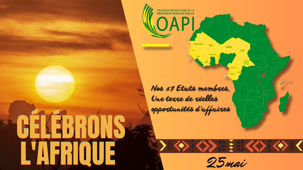 🌍 Célébrons la Journée Mondiale de l'Afrique!
Parce qu'ensemble nous allons plus loin, créons, inventons et innovons pour embellir le paysage de la #propriétéintellectuelle et impulser le développement du Continent africain.

#Afrique #commémoration