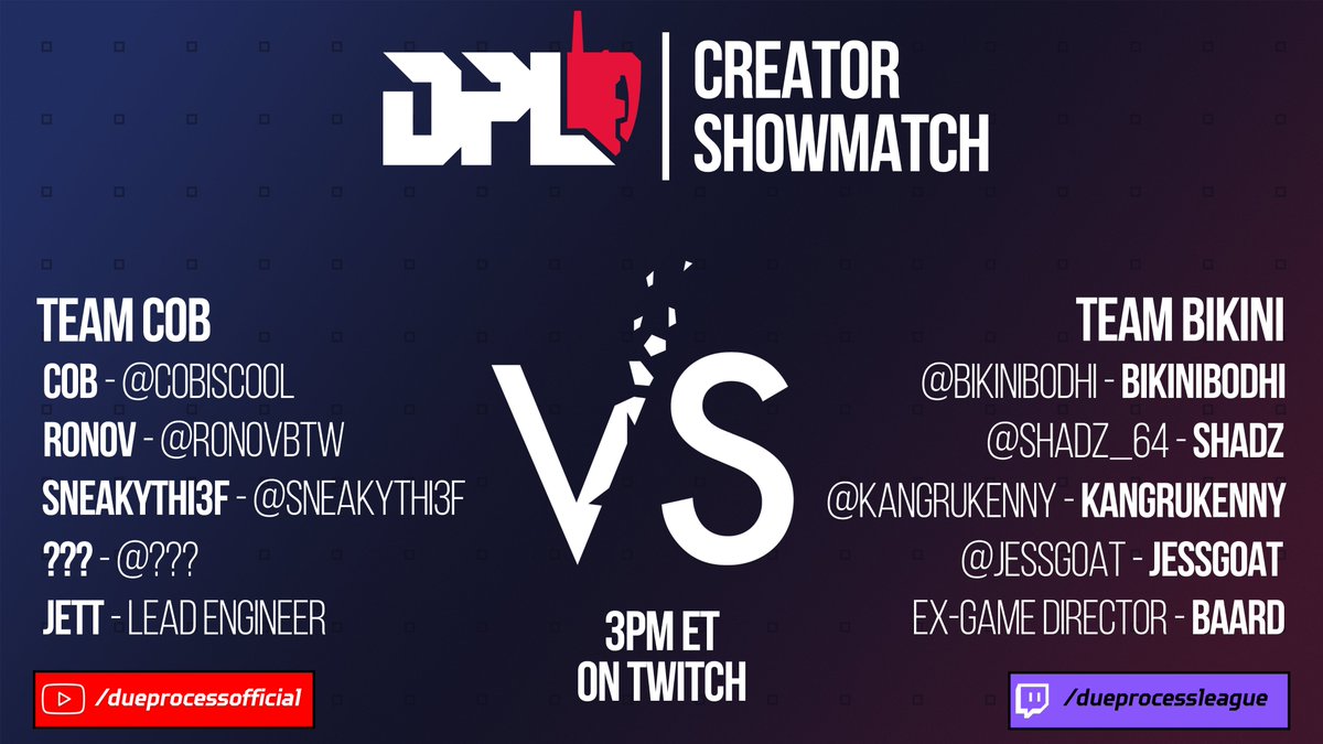 DUE PROCESS (@enemycrabgames) on Twitter photo Come check out today's creator showmatch on the <a href="/TheDPLeague/">Due Process League</a>'s twitch at 3pm ET! Come check out today's creator showmatch on the <a href="/TheDPLeague/">Due Process League</a>'s twitch at 3pm ET!