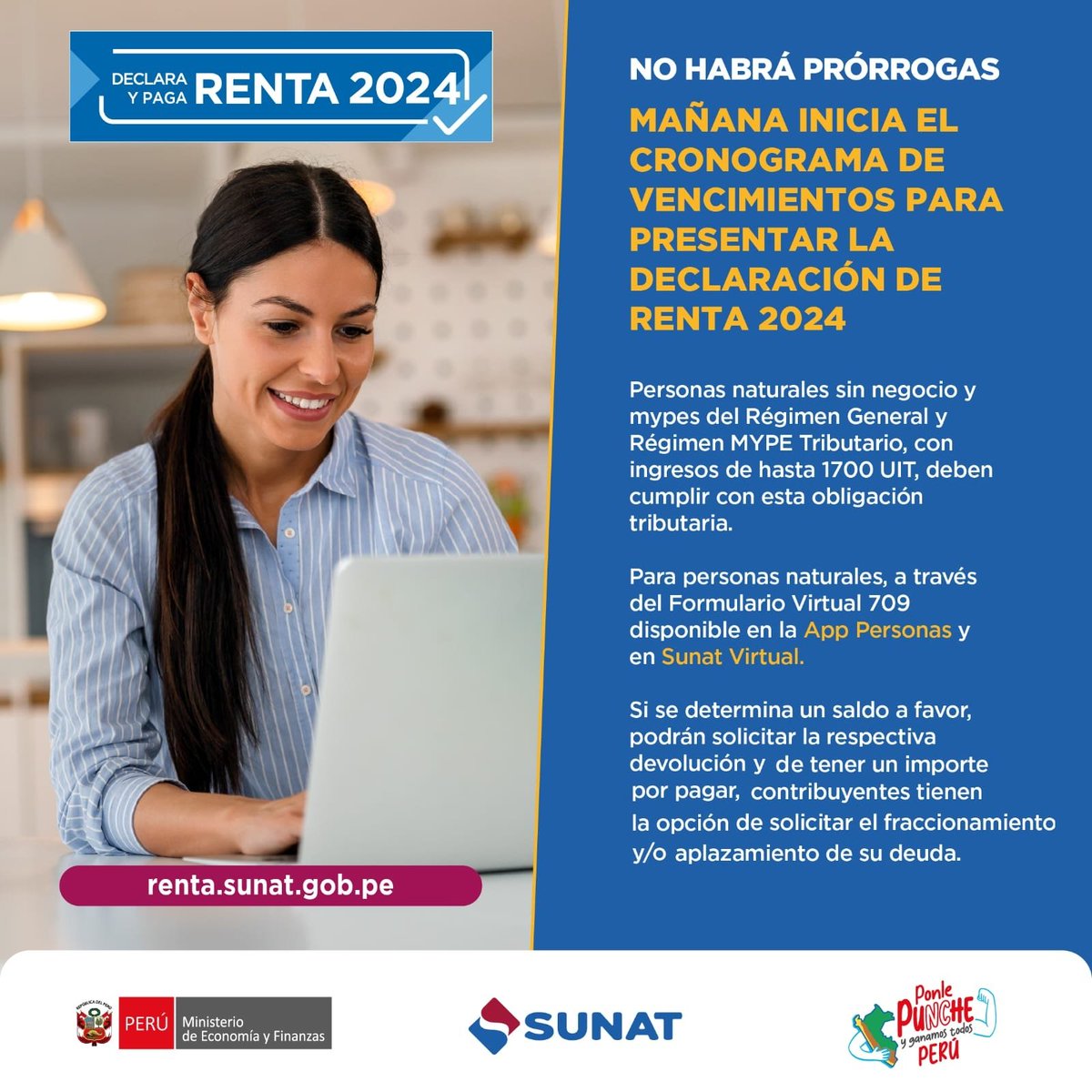 #NotaDePrensa | Mañana inicia el cronograma de vencimientos de la Declaración de #Renta2024.
Más de 530 000 contribuyentes ya cumplieron con el país.
Estás a tiempo, utiliza el formulario virtual 709, disponible en la App Personas o en Sunat Virtual.
💻📱 renta.sunat.gob.pe