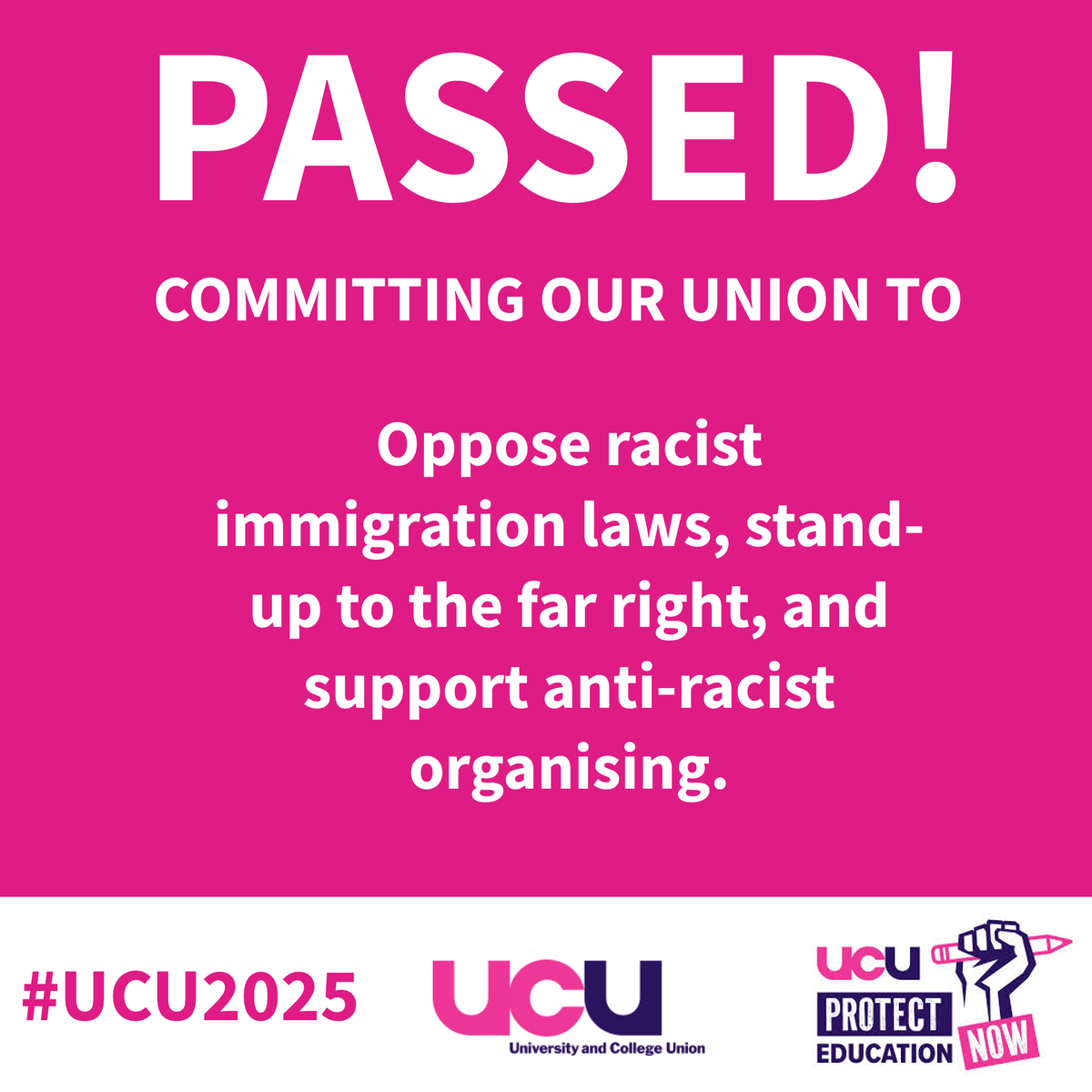 Passed at #UCU2025:

We’re committing our union to take on racist laws, oppose the far right and stand with students and workers organising against hate.

From teach-ins to protests, we’ll be there.
#UnionPower #UCU2025