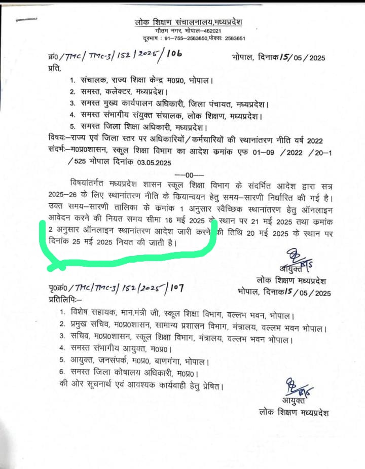MP में शिक्षकों के स्थानांतरण आदेश आज दिनांक 25/05/2025 को जारी होने थे लेकिन अभी तक नहीं हुए हैं 

शिक्षक सुबह से मोबाइल पर नज़रे गड़ाए बैठे हैं 
अभी तक उनका इंतजार खत्म नही हुआ है 

<a href="/schooledump/">School Education Department, MP</a> आदेश जारी कर इनका इंतजार खत्म करे।