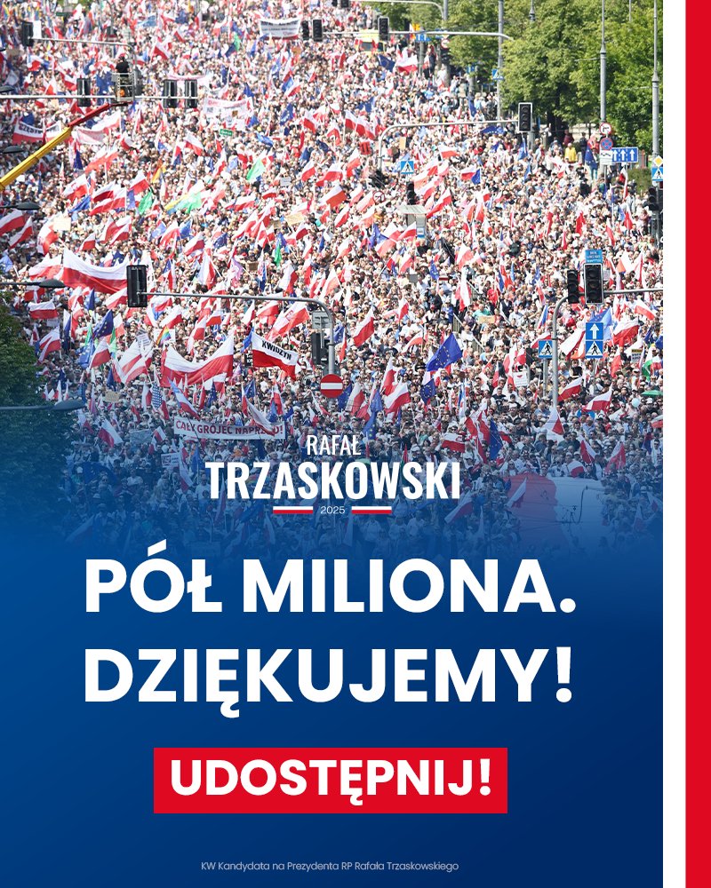PÓŁ. MILIONA. LUDZI.

Dziękujemy ✌️🇵🇱

#WielkiMarszPatriotów #MarszTrzaskowski