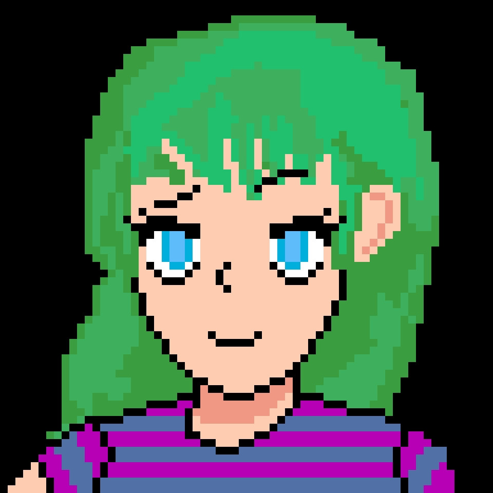 This is Syteal Celadon.  (digitaldojo on bsky)

LOVE THIS PIXEL ARTSTYLE
very pretty green hair!
gorgeous blue eyes!
the striped shirt!
SO PRETTY

10/10.