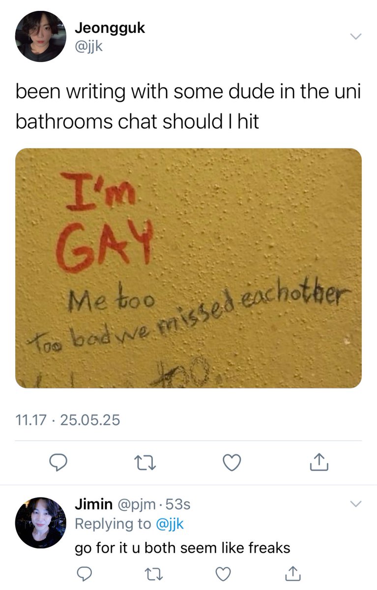 gukkiesvante's tweet photo. #taekookau where—

Taehyung texts a number he found in a bathroom stall. 

Turns out it’s his best friend’s brother, Jeongguk, who had a huge crush on Taehyung when he was younger. https://t.co/zXKaljUfNm