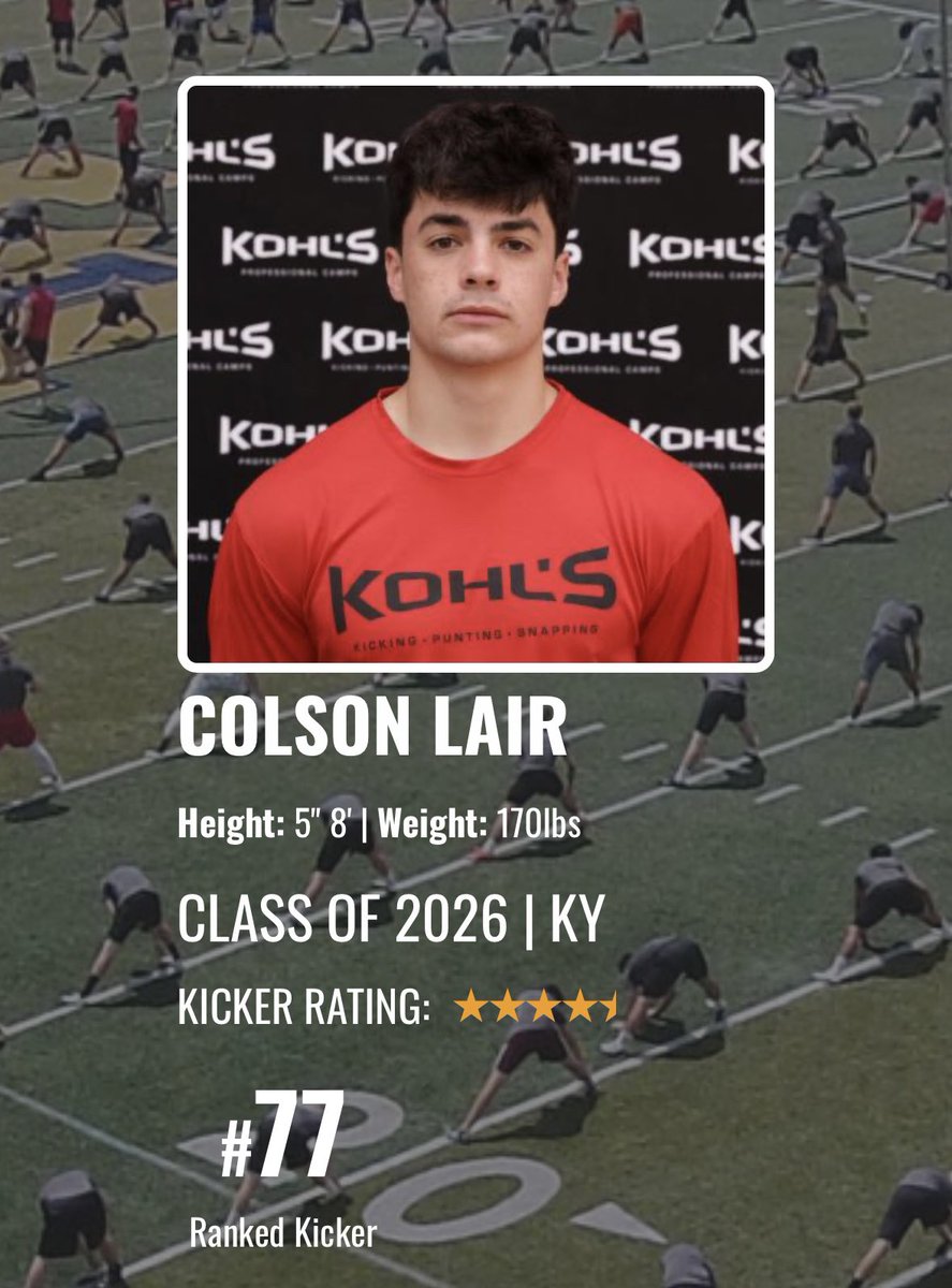 Colson Lair • 2026 K (@colsonlair) on Twitter photo Blessed to announce I have been ranked #77 in the country and the #1 kicker in Kentucky by <a href="/KohlsKicking/">Kohl's Kicking Camps</a> !
<a href="/David2Akers/">David Akers</a> <a href="/FentressKicking/">Fentress Kicking</a> <a href="/JayVolker/">Jay Volker</a> <a href="/BHSTigerFBall/">Beechwood Football</a> <a href="/CoachGebhardt/">Jensen Gebhardt</a> <a href="/JamesWilhoit25/">James Wilhoit</a>
<a href="/D_Madden_Punter/">Coach Dan Madden</a> Blessed to announce I have been ranked #77 in the country and the #1 kicker in Kentucky by <a href="/KohlsKicking/">Kohl's Kicking Camps</a> !
<a href="/David2Akers/">David Akers</a> <a href="/FentressKicking/">Fentress Kicking</a> <a href="/JayVolker/">Jay Volker</a> <a href="/BHSTigerFBall/">Beechwood Football</a> <a href="/CoachGebhardt/">Jensen Gebhardt</a> <a href="/JamesWilhoit25/">James Wilhoit</a>
<a href="/D_Madden_Punter/">Coach Dan Madden</a>