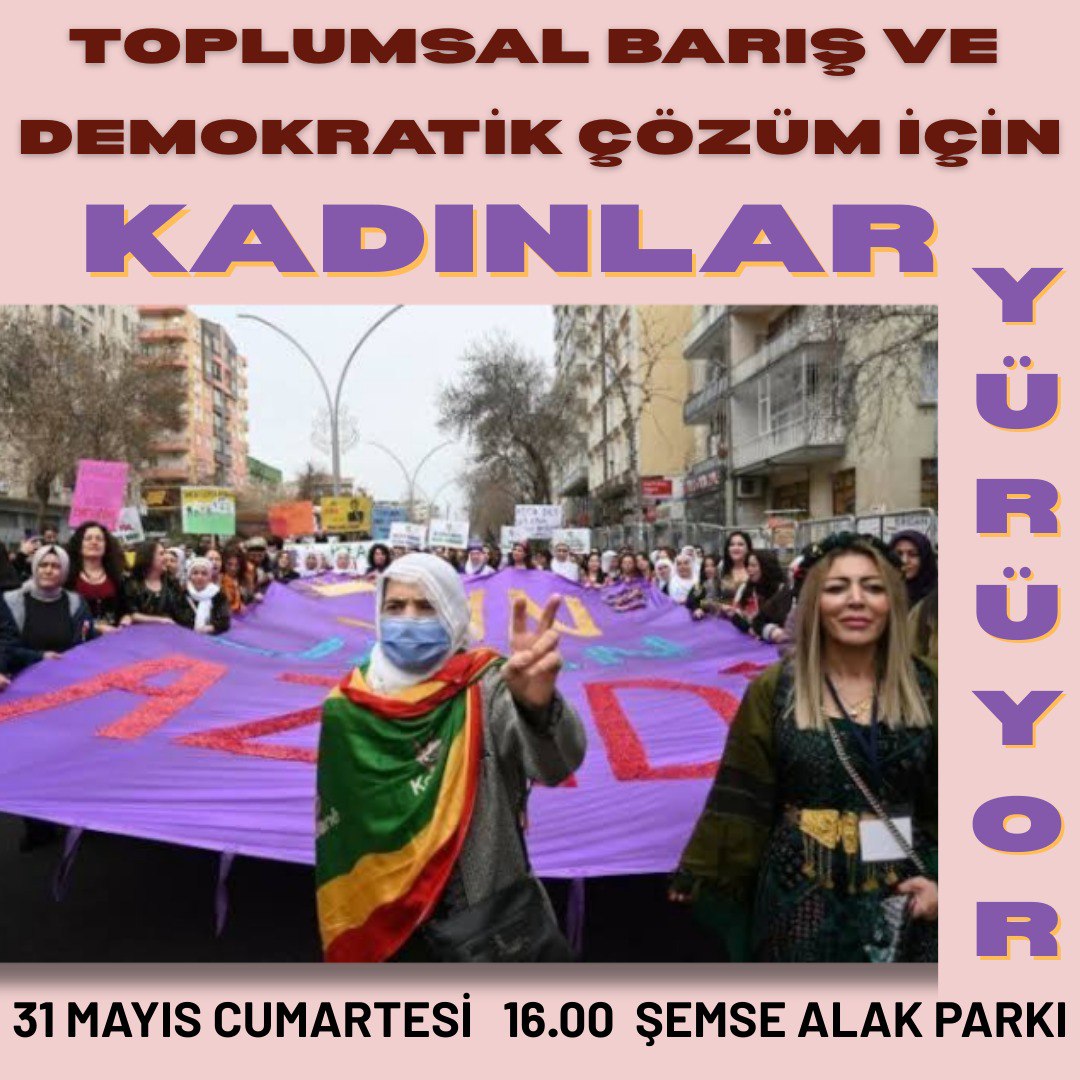 Bizler biliyoruz ki demokratik toplum sosyalistçe eşit ve özgür bir yaşamdır. Bu yaşamın örgütleyicisi, inşacısı bizleriz. Bu sebeple ; Toplumsal Barış ve Demokratik Çözüm İçin Yürüyoruz!

📆31 Mayıs 
⏰Saat 16.00 
📍Amed Büyükşehir belediyesi yanı Şemse Alak Parkı