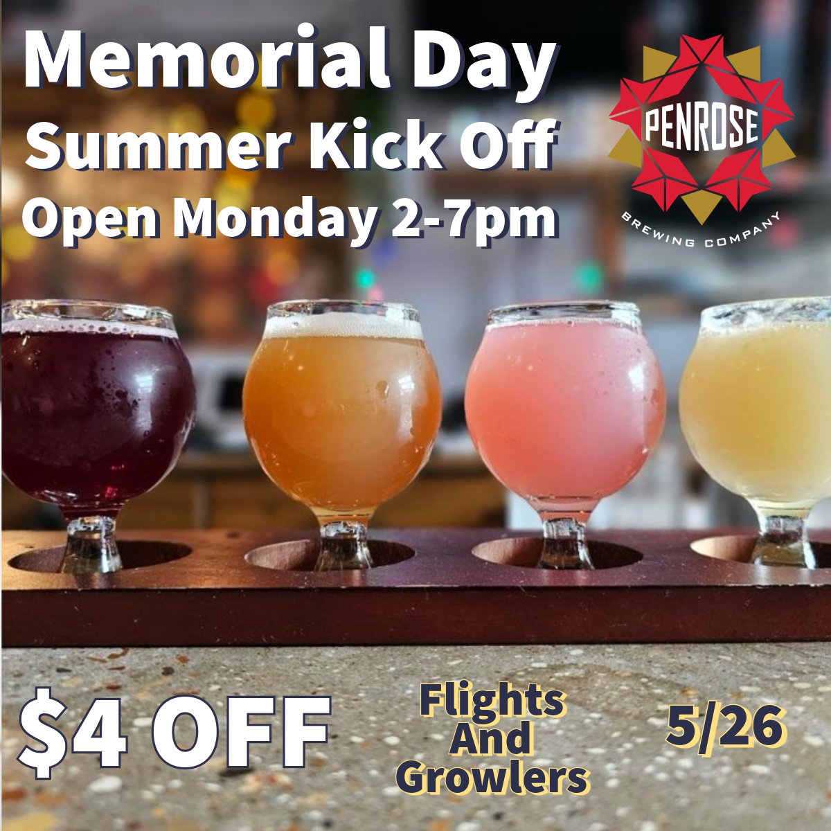 🇺🇸 No Memorial Day Plans? We’ve Got You Covered! ☀️🍻

The Penrose Taproom will be OPEN tomorrow (Memorial Day) from 2–7 PM to kick off our Summer Hours — which means we’ll now be open on Mondays! 🎉
🎯 To celebrate:
👉 $4 OFF all flights
👉 $4 OFF all growler fills
#Penrose