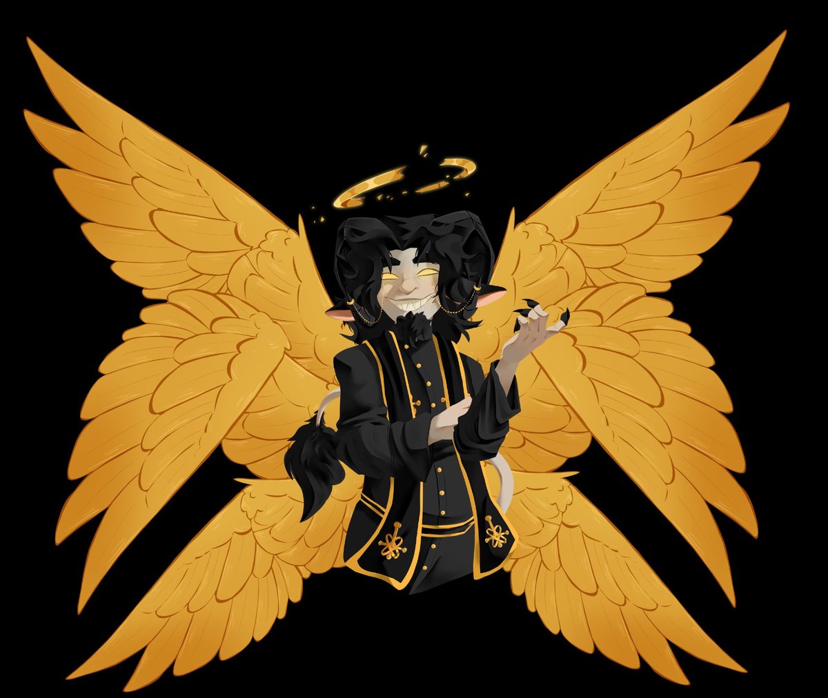 This is The Goatfather.  (historianofnukes on bsky)

THE GLOWING EYES AND THAT FREAKY SMILE
THAT BROKEN HALO
the jacket with that hold trim!
big wings!
the claws and tail!

10/10.