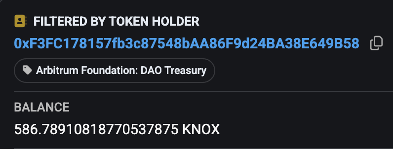 KNOX_Dollar's tweet photo. Fun Fact: 

The @arbitrum DAO Treasury holds 586 $KNOX 

$KNOX created on the (yield)@reserveprotocol 🌐 https://t.co/U00WUyG7Yd