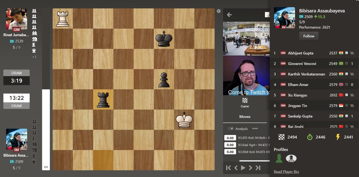 21-year-old Bibisara Assaubayeva holds the draw against her compatriot Rinay Jumabayev in the final round of Sharjah Masters, which means she has achieved her final GM norm to become the world's 43rd female grandmaster!