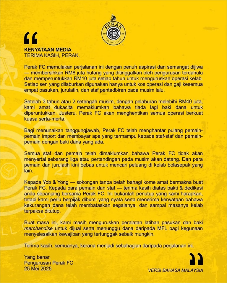 bernamadotcom's tweet photo. Kelab Perak FC 'tutup kedai'
https://t.co/T1ifnPpUZH
#BernamaNews #PerakFC https://t.co/xrOcgxLh3e
