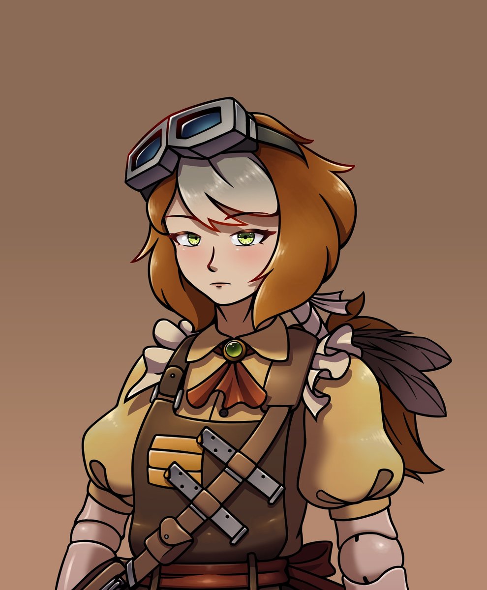 This is EEE_V.  (<a href="/Erikaceous_VT/">EEE_V (Fueled on hate atm)</a>)

I LOVE STEAMPUNK AESTHETICS AND THE THE ROBOT ARMS
GOGGLES
the ruffled necktie and the emerald
the metal straps to the chest and the pouch
the cute maid like ruffled sleeves

10/10.