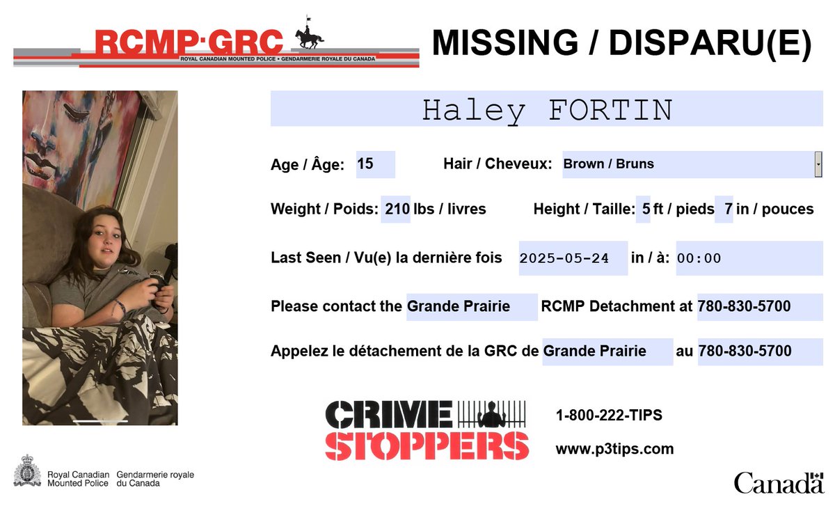 TSRGP's tweet image. Grande Prairie RCMP are requesting public assistance locating missing  youth 15-year-old Haley Fortin. Haley was last seen on May 24, 2025 in  Grande Prairie. Haley’s family is concerned for her well being. #gpab