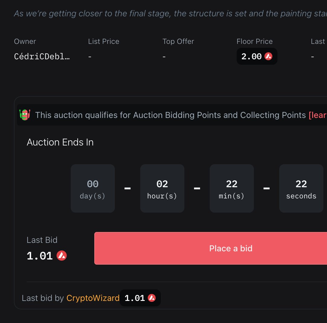 debledcedric's tweet photo. Can't help it.
I love numbers. 😃

2 hours, 22 minutes and 22 seconds left for the auction kicked off by the legendary collector and @salvor user @Crypto__Wizzard . 
Thanks you dear 🧙‍♂️
I'm honored. 🔴🔵🟡

https://t.co/6nO9zztIq7 https://t.co/9M28istIgk