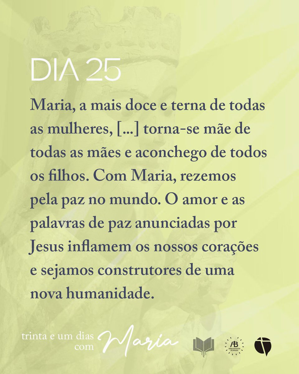 Maria, a mais doce e terna de todas as mulheres, [...] torna-se mãe de todas as mães e aconchego de todos os filhos. Com Maria, rezemos pela paz no mundo. O amor e as palavras de paz anunciadas por Jesus inflamem os nossos corações e sejamos construtores de uma nova humanidade.