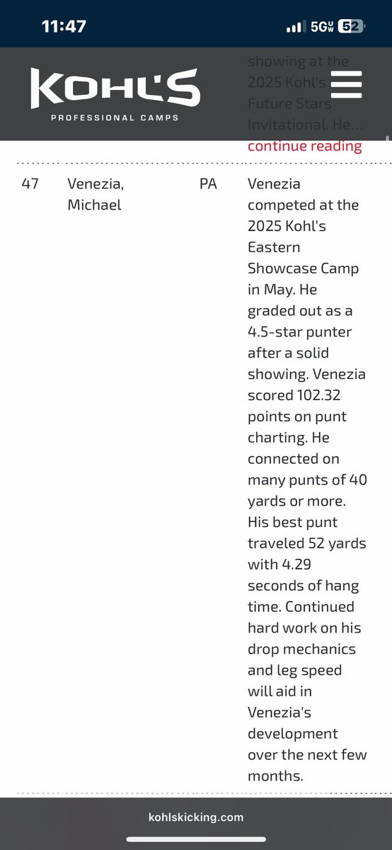 Michael Venezia (@mike_venezia2) on Twitter photo Proud to announce I am ranked as the #47 Punter in 🇺🇸by <a href="/KohlsKicking/">Kohl's Kicking Camps</a>. <a href="/KickItJZ/">Kick It®</a> <a href="/PhoenixvilleFB/">Phoenixville High School Football</a> Proud to announce I am ranked as the #47 Punter in 🇺🇸by <a href="/KohlsKicking/">Kohl's Kicking Camps</a>. <a href="/KickItJZ/">Kick It®</a> <a href="/PhoenixvilleFB/">Phoenixville High School Football</a>