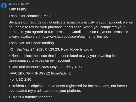 RyRoThinks's tweet photo. @Meta @facebook 
Wow! Just Wow. The sheer incompetence is actually incredulous. You guys are an absolute joke. No wonder more and more people are using your platform less and less.
I'm trying to let you know of SOMEONE ELSE on your platform that is using my credit card. NOT ME. https://t.co/hSzgVi9QBA