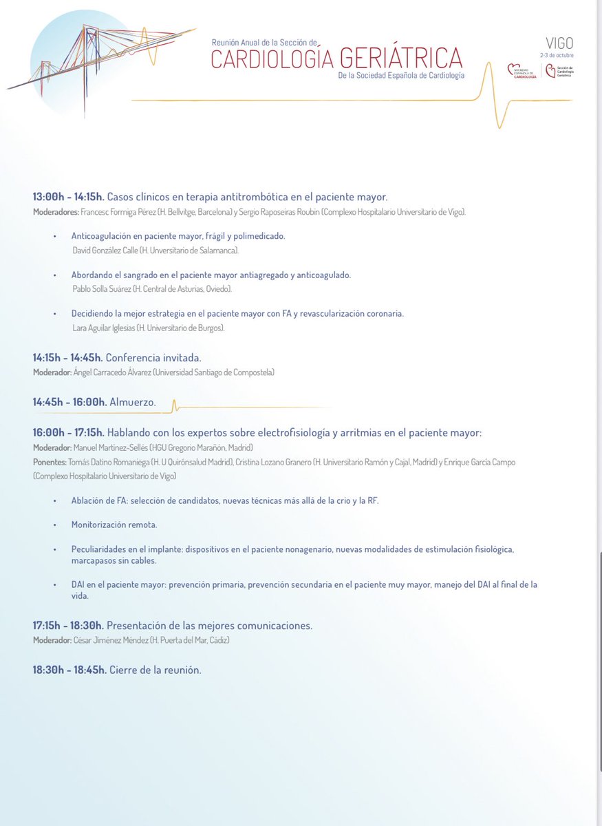 📣Os recordamos el programa científico de la reunión de cardiogeriatria del próximo 2-3 de octubre en #Vigo😊

Y recuerda que puedes ser parte del congreso:

✅Enviando tu comunicación 
✅Participando en el concurso de casos clínicos SEC-iDoctus