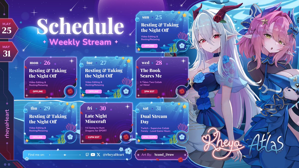 ▪︎ May 25th to 31st Schedule | Times in EST ▪︎

□ W ▪︎ It Takes Two w/ Hime ▪︎ 2pm
■ F ▪︎ Metal and Mana SMP ▪︎ 11pm
□ S ▪︎ Supervive Collab/Spicy Gaming Hours ▪︎ 2pm/11pm