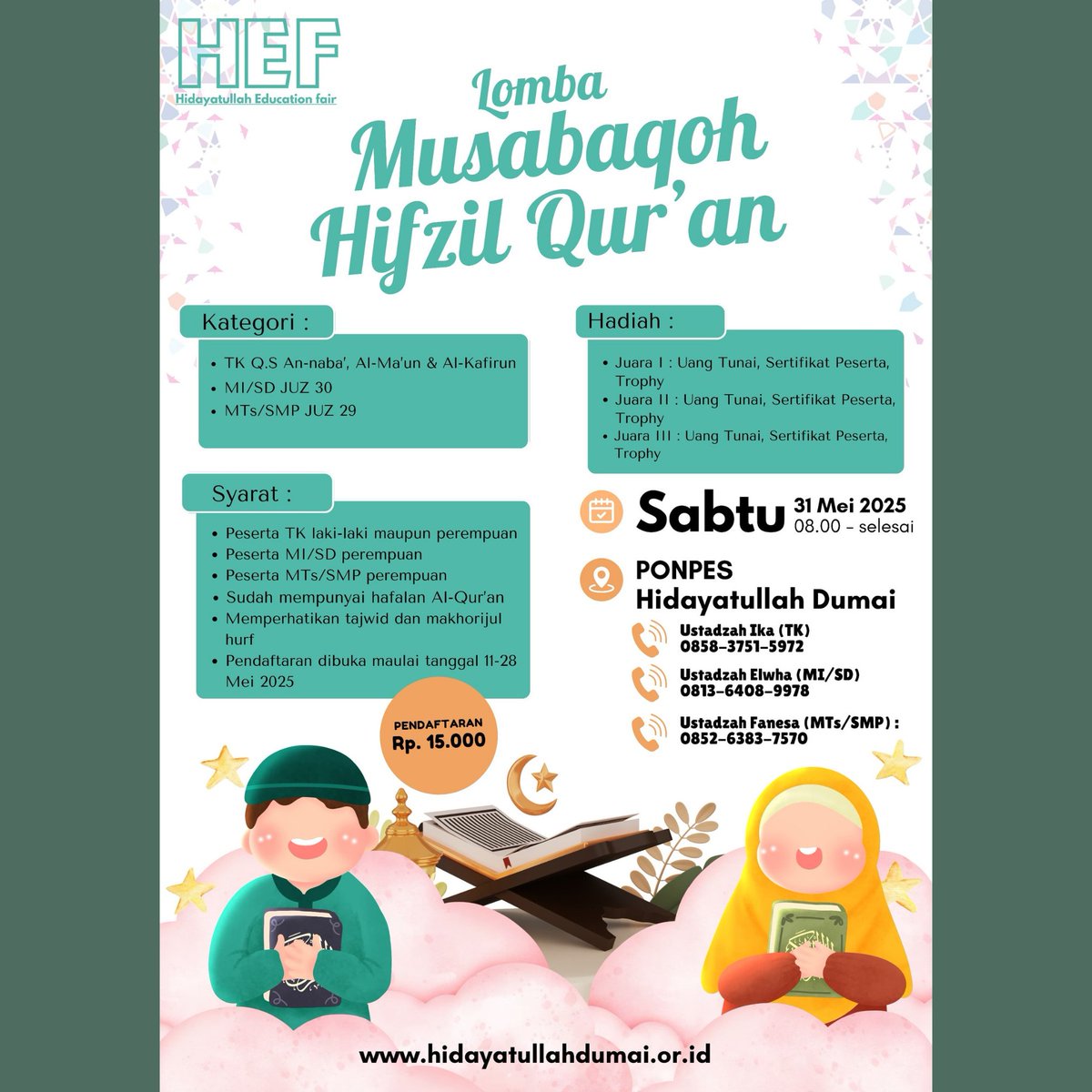 HidayatullahDmi's tweet photo. Ayo Kita Ikuti &amp; Meriahkan Bersama 
HIDAYATULLAH EDU FAIR TAHUN 2025
Kampus Madya Pondok Pesantren Hidayatullah Dumai
Sabtu–Ahad, 31 Mei – 01 Juni 2025
Tema: “Apresiasi Sebagai Upaya Mewujudkan Pendidikan Karakter Berbasis Tauhid” https://t.co/pOgJRaikHZ