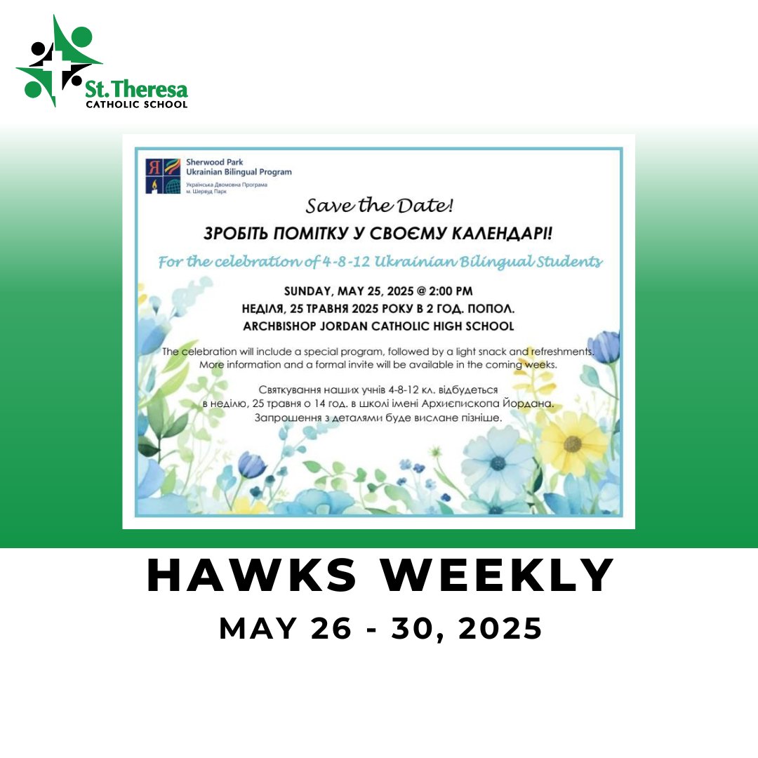 📣 Stay informed, Hawks!
Our latest Hawks Weekly newsletter is here—important dates, events, and updates you won’t want to miss, including the Grade 8 Farewell &amp; upcoming PATs.

🗓️ View it now: stt.eics.ab.ca/parents/newsle…
#HawksWeekly #StTheresaHawks #StTheresaSherwoodPark