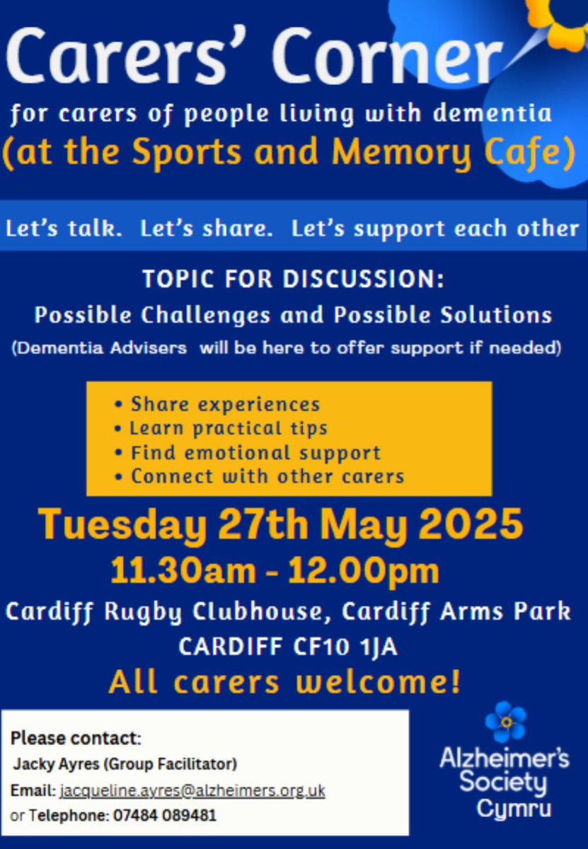 Lee Griffiths (@leecgriffiths) on Twitter photo The <a href="/Cardiff_Rugby/">Cardiff Rugby</a> players may be finished for the season but the <a href="/AlzSocCymru/">Alzheimer's Society Cymru</a> Sports and Memory carries on , 27th May 11am-12.30pm at Cardiff Arms Park. The <a href="/Cardiff_Rugby/">Cardiff Rugby</a> players may be finished for the season but the <a href="/AlzSocCymru/">Alzheimer's Society Cymru</a> Sports and Memory carries on , 27th May 11am-12.30pm at Cardiff Arms Park.